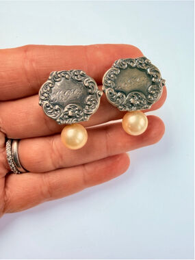 T. Foree Hunsickor Antique Monogram Tag Pearl Sterling Silver 925 VTG Earrings